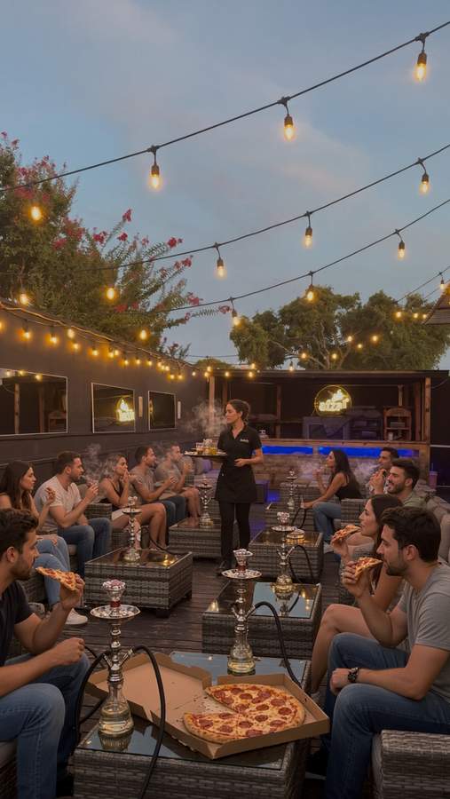Full patio at Dream Lounge under string lights